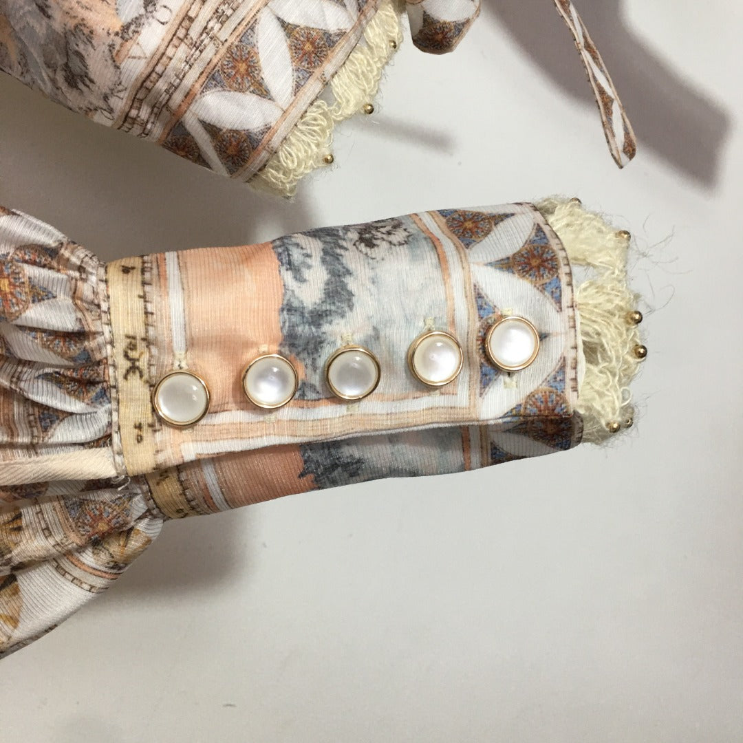 ZIM**** new suit, world map retro print lapel bubble long sleeve top + custom single-breasted high waist skirt,