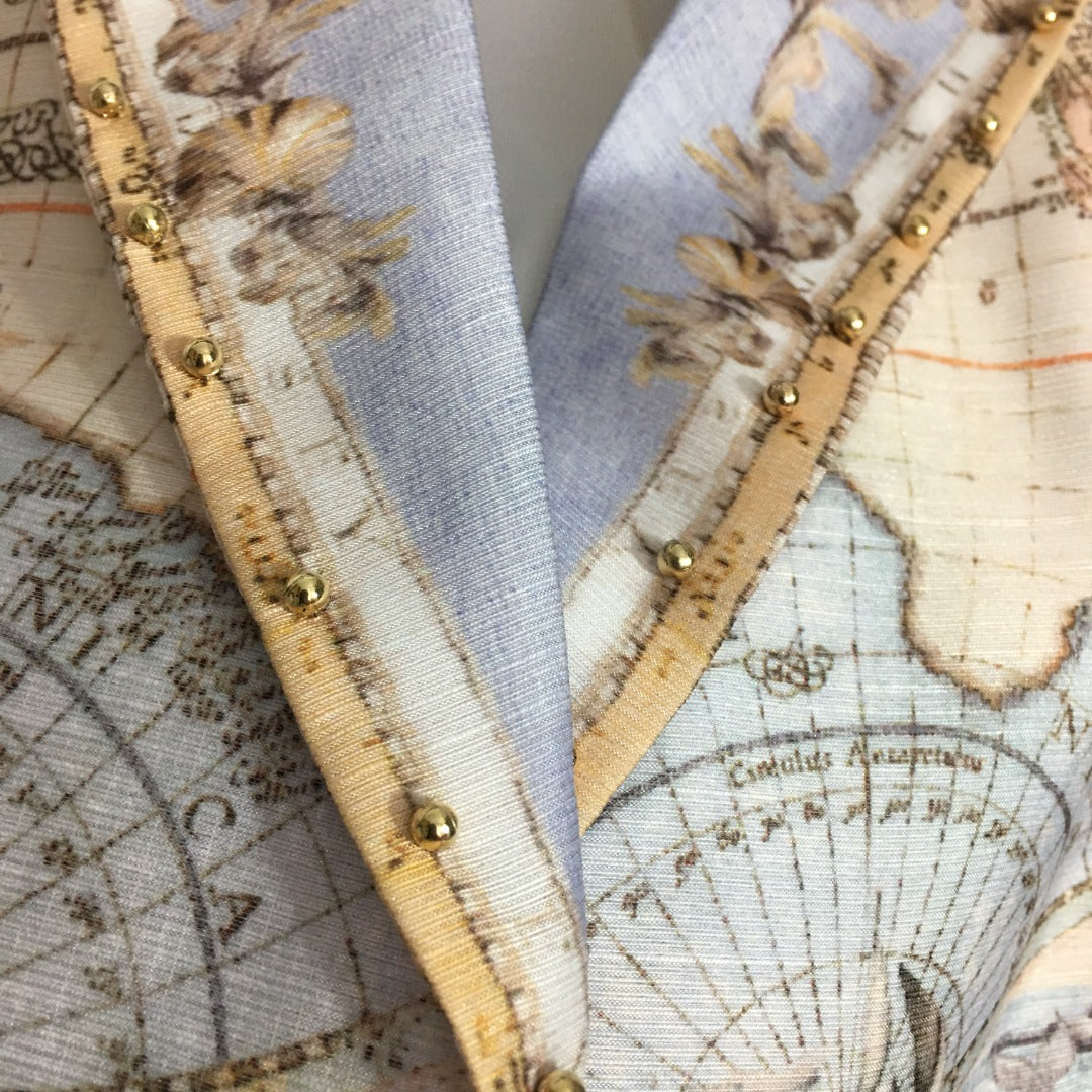 ZIM**** new suit, world map retro print lapel bubble long sleeve top + custom single-breasted high waist skirt,