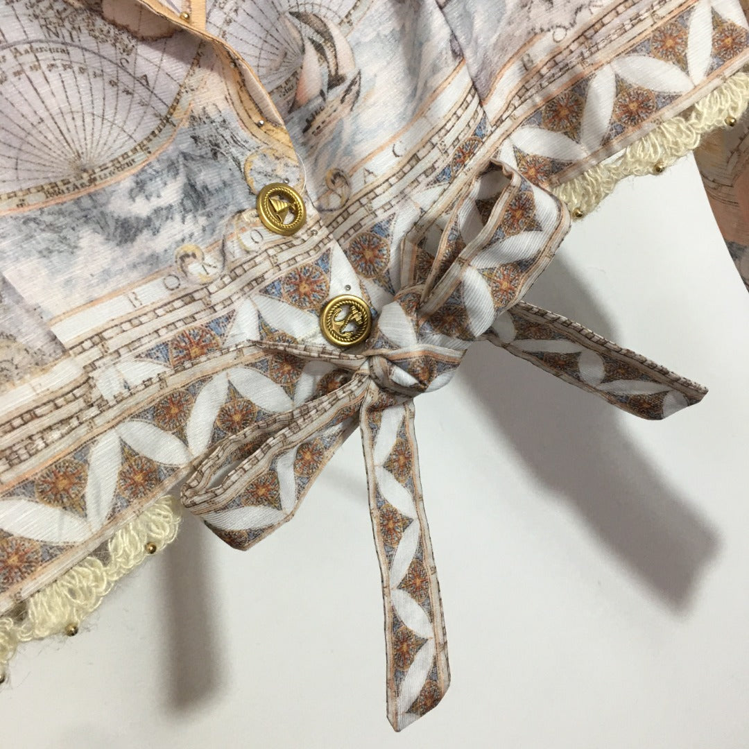 ZIM**** new suit, world map retro print lapel bubble long sleeve top + custom single-breasted high waist skirt,