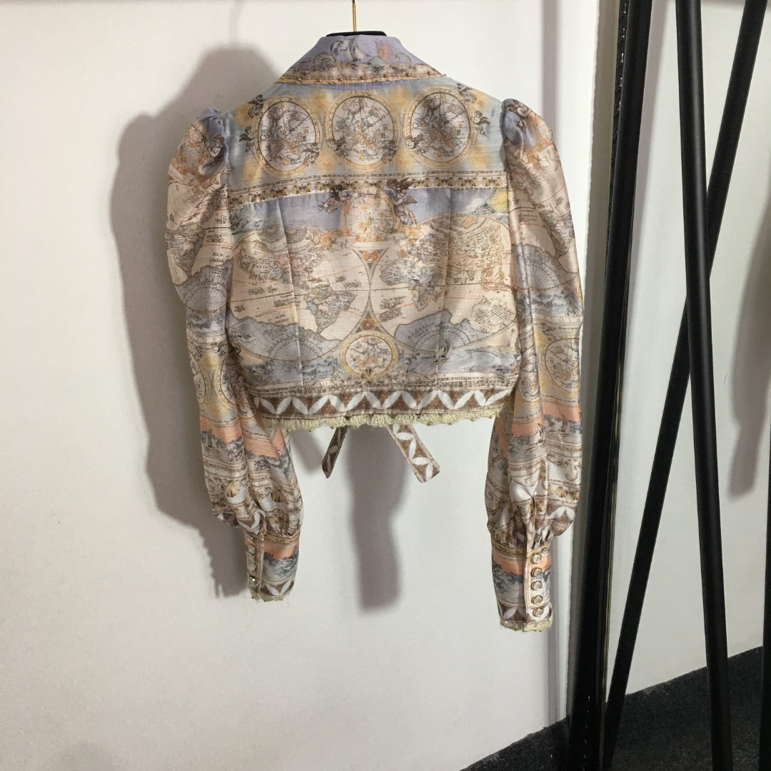 ZIM**** new suit, world map retro print lapel bubble long sleeve top + custom single-breasted high waist skirt,