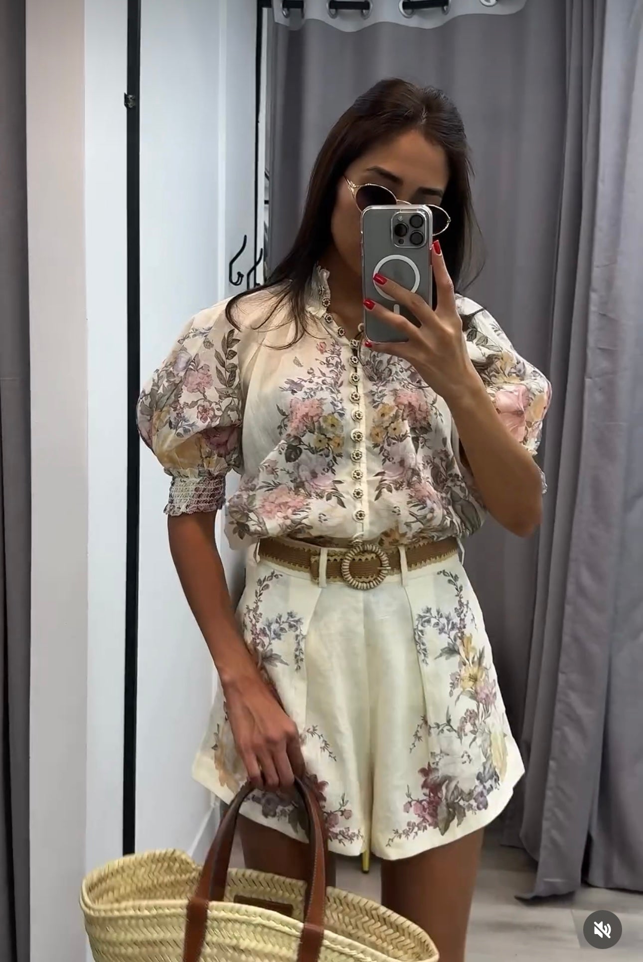 ZIM**** Linen colorful flower print lantern short-sleeved high-necked top + shorts with belt