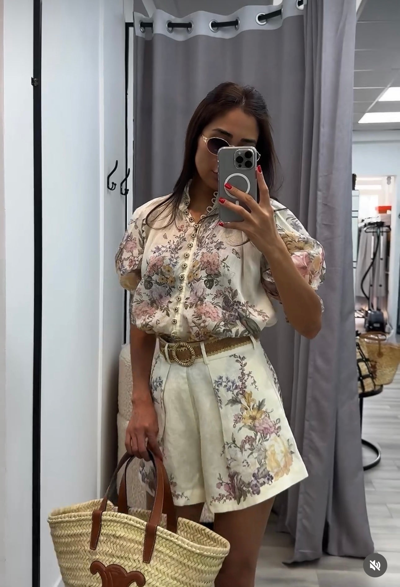 ZIM**** Linen colorful flower print lantern short-sleeved high-necked top + shorts with belt