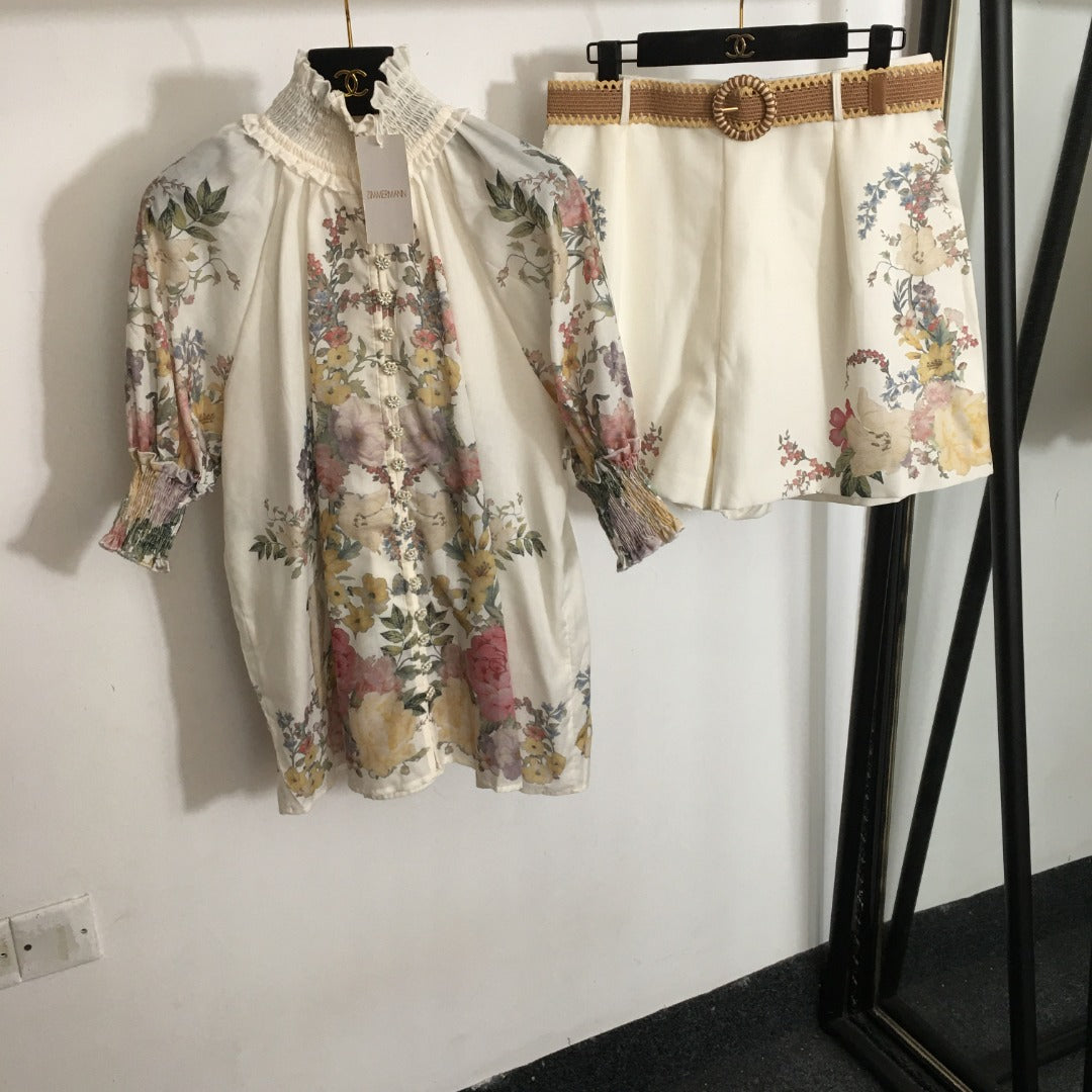 ZIM**** Linen colorful flower print lantern short-sleeved high-necked top + shorts with belt