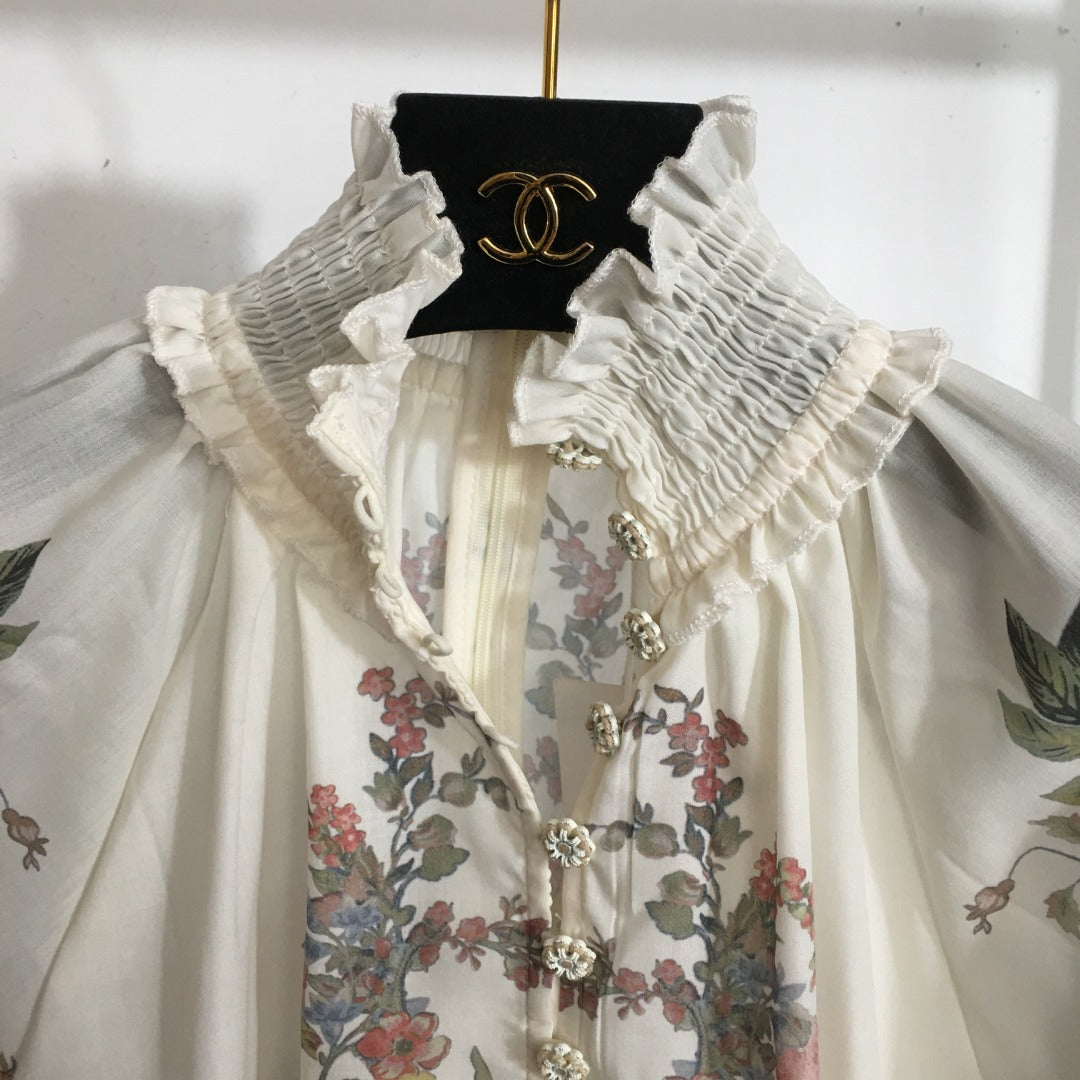 ZIM**** Linen colorful flower print lantern short-sleeved high-necked top + shorts with belt