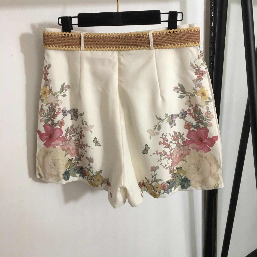 ZIM**** Linen colorful flower print lantern short-sleeved high-necked top + shorts with belt