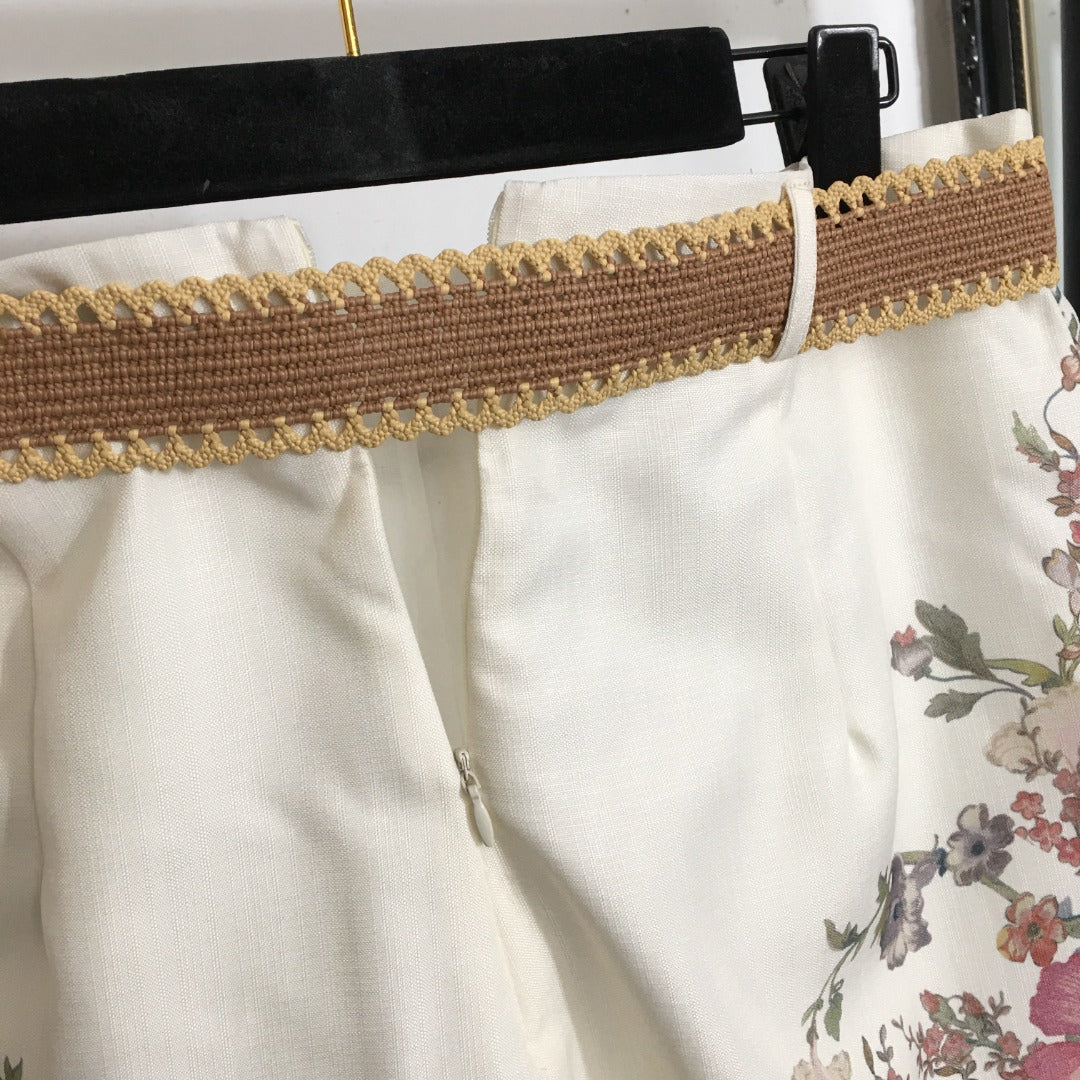 ZIM**** Linen colorful flower print lantern short-sleeved high-necked top + shorts with belt