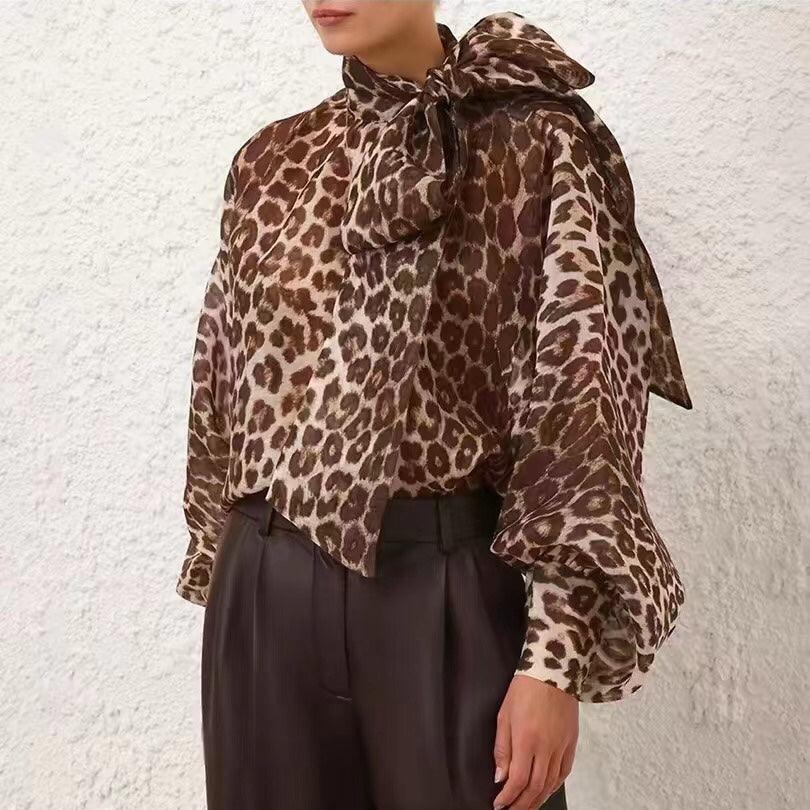 ZIM**** New Style Elegant Large Bow Tie Collar Leopard Print Lantern Long Sleeve Shirt Top, Coffee Color