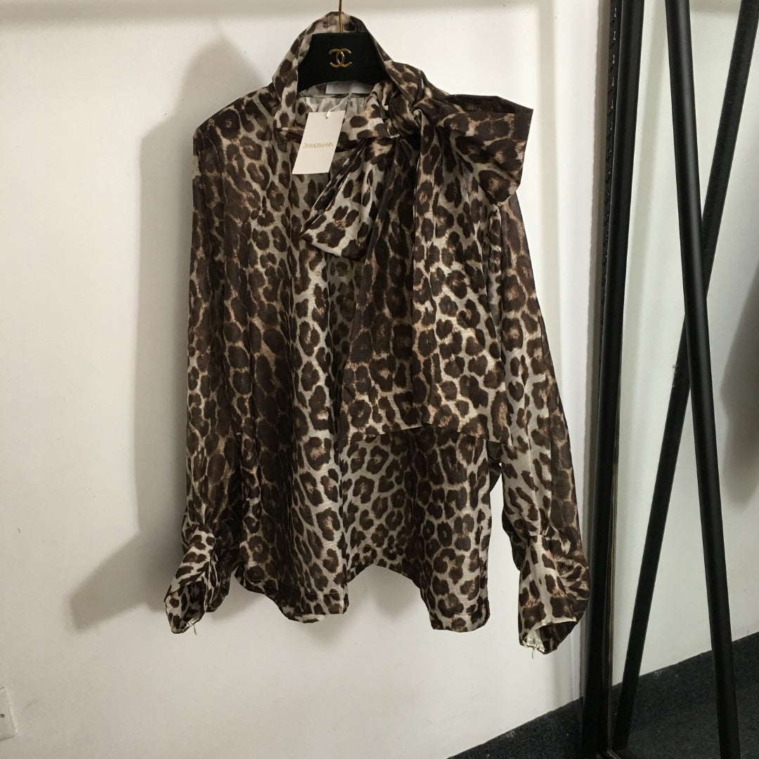 ZIM**** New Style Elegant Large Bow Tie Collar Leopard Print Lantern Long Sleeve Shirt Top, Coffee Color