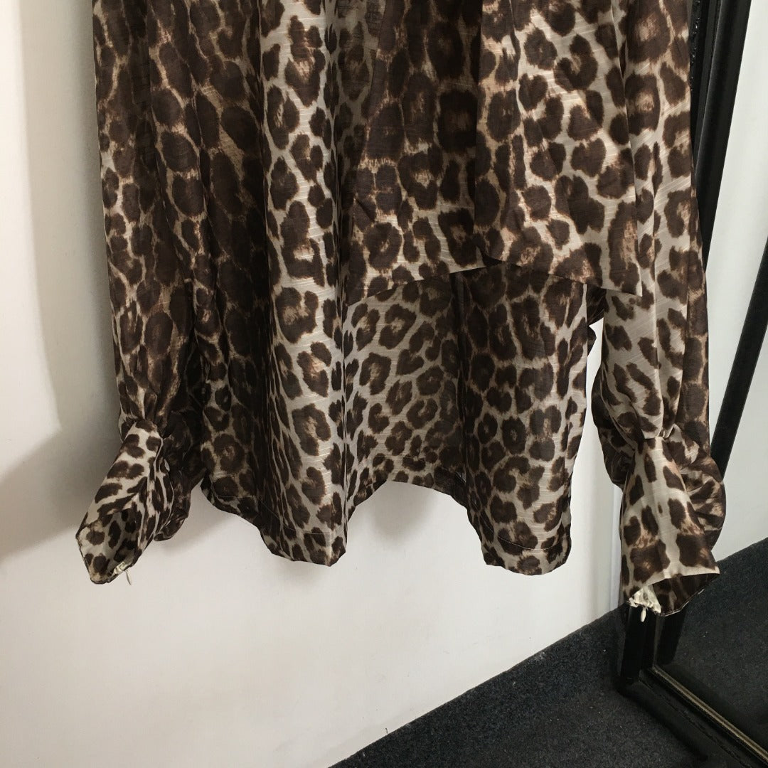 ZIM**** New Style Elegant Large Bow Tie Collar Leopard Print Lantern Long Sleeve Shirt Top, Coffee Color