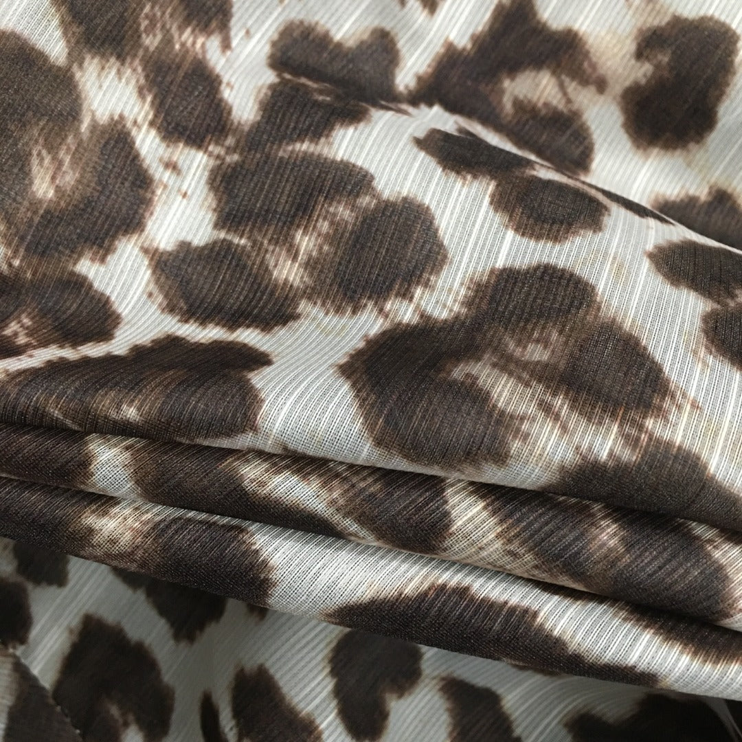 ZIM**** New Style Elegant Large Bow Tie Collar Leopard Print Lantern Long Sleeve Shirt Top, Coffee Color