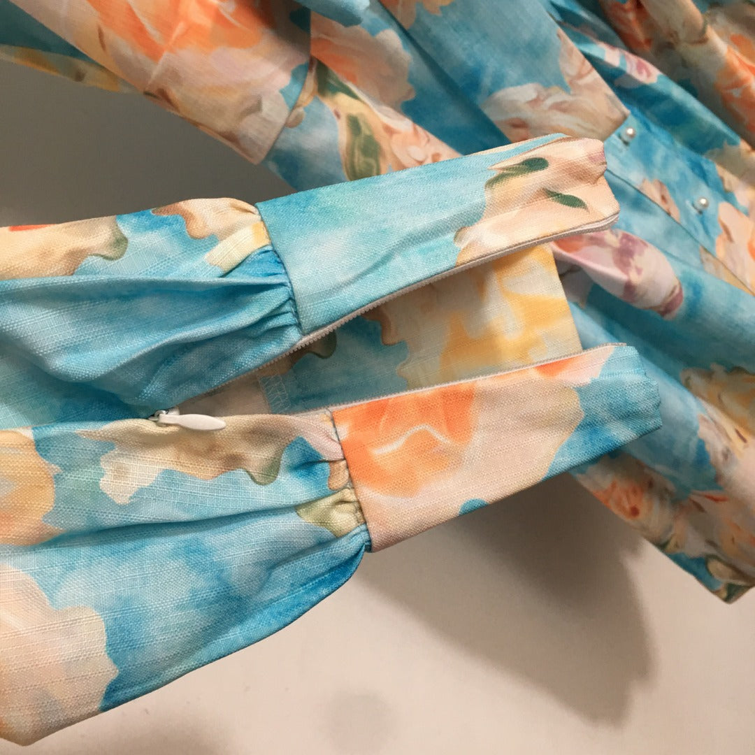 ZIM**** New Pearl Button Temperament Large Flower Print Lace-up Waist Long Sleeve Dress