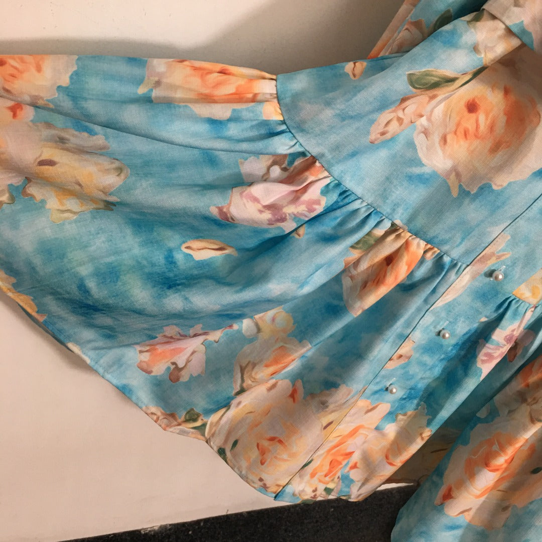 ZIM**** New Pearl Button Temperament Large Flower Print Lace-up Waist Long Sleeve Dress