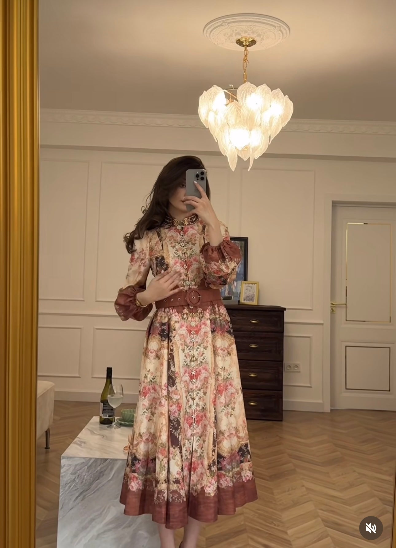 ZIM**** new retro floral prints, customized buttons with various flower patterns, stand-up collar, waisted lantern long-sleeved dress with belt,