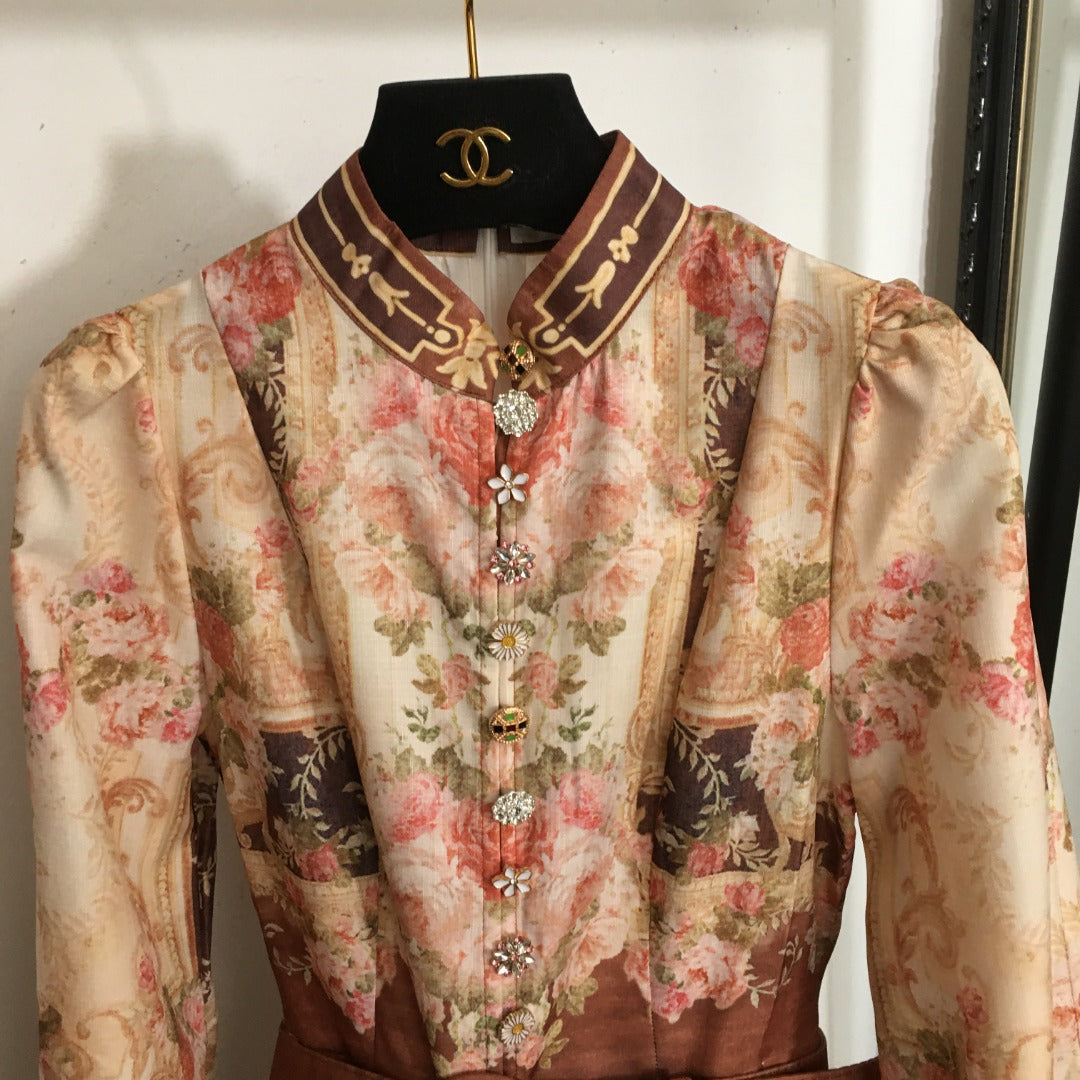 ZIM**** new retro floral prints, customized buttons with various flower patterns, stand-up collar, waisted lantern long-sleeved dress with belt,