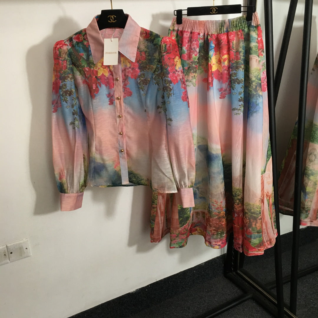 ZIM**** new suit, gradient floral print slim-fit long-sleeved shirt + high-waisted skirt, pink
