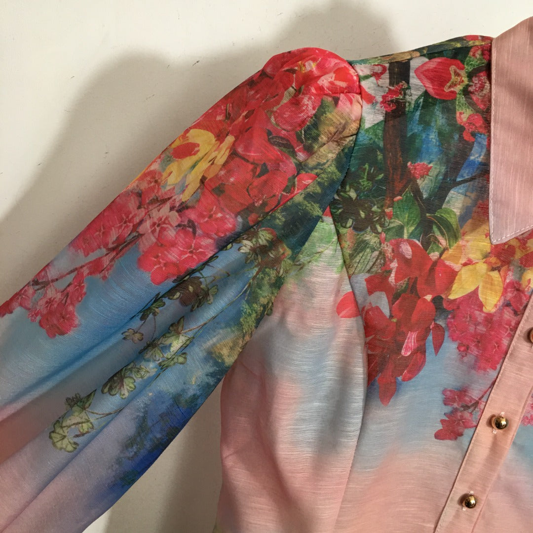 ZIM**** new suit, gradient floral print slim-fit long-sleeved shirt + high-waisted skirt, pink