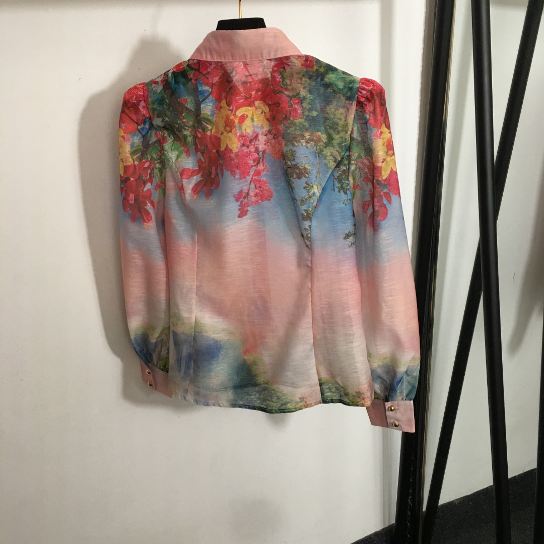 ZIM**** new suit, gradient floral print slim-fit long-sleeved shirt + high-waisted skirt, pink