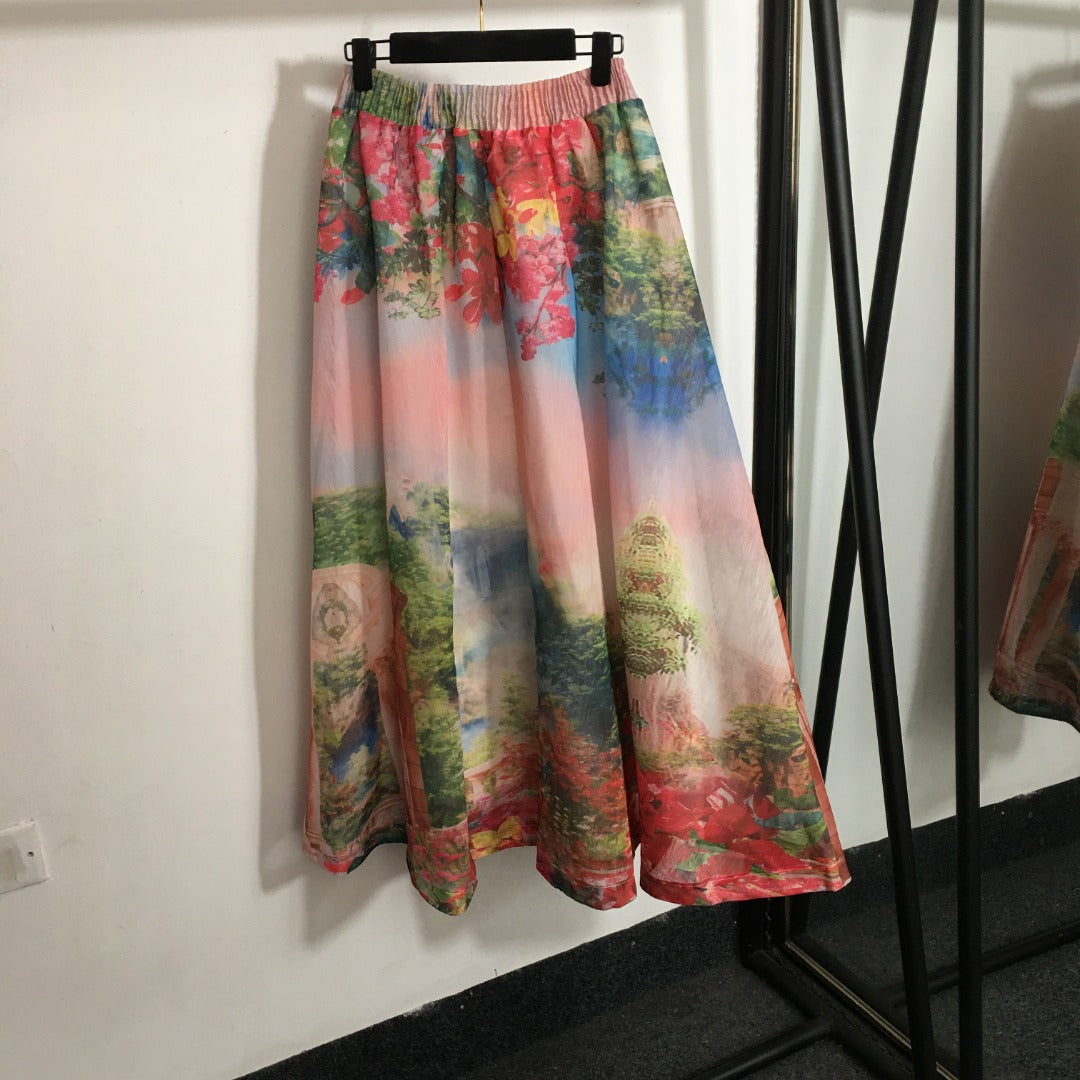 ZIM**** new suit, gradient floral print slim-fit long-sleeved shirt + high-waisted skirt, pink