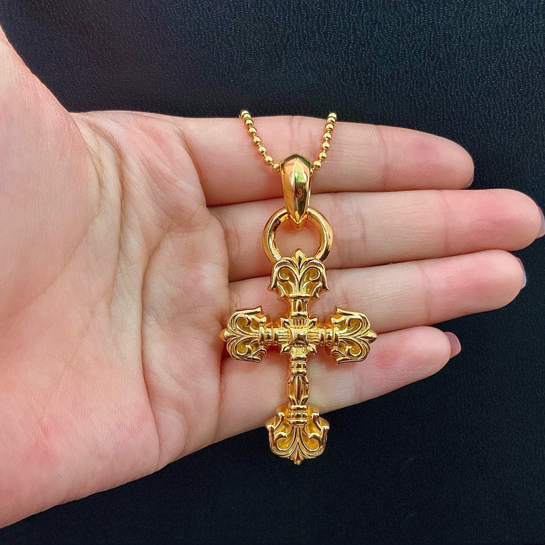 Chrome He** Classic Flame Cross Necklace