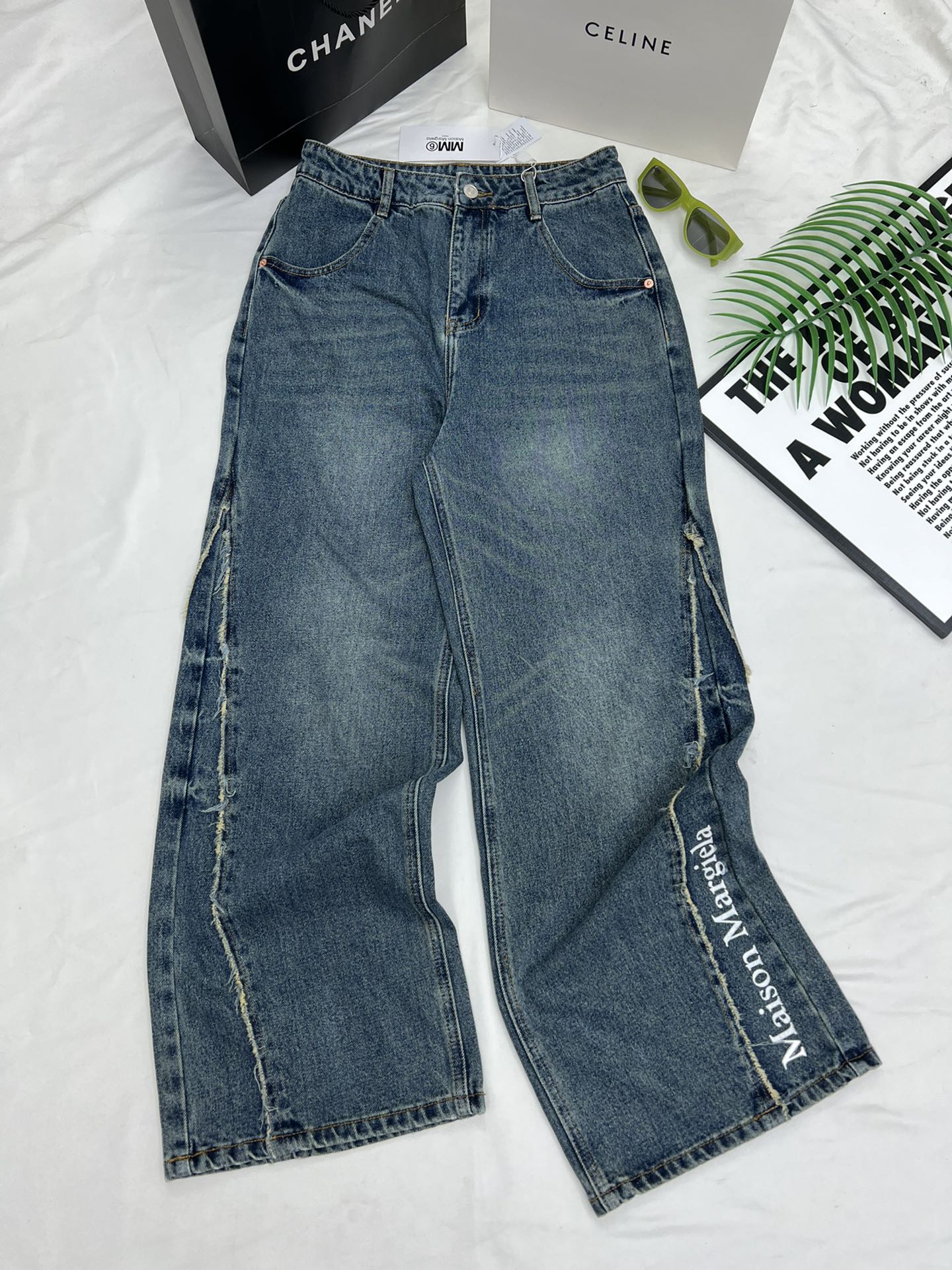 Mm6 retro trouser leg print letter high waist wide leg pants