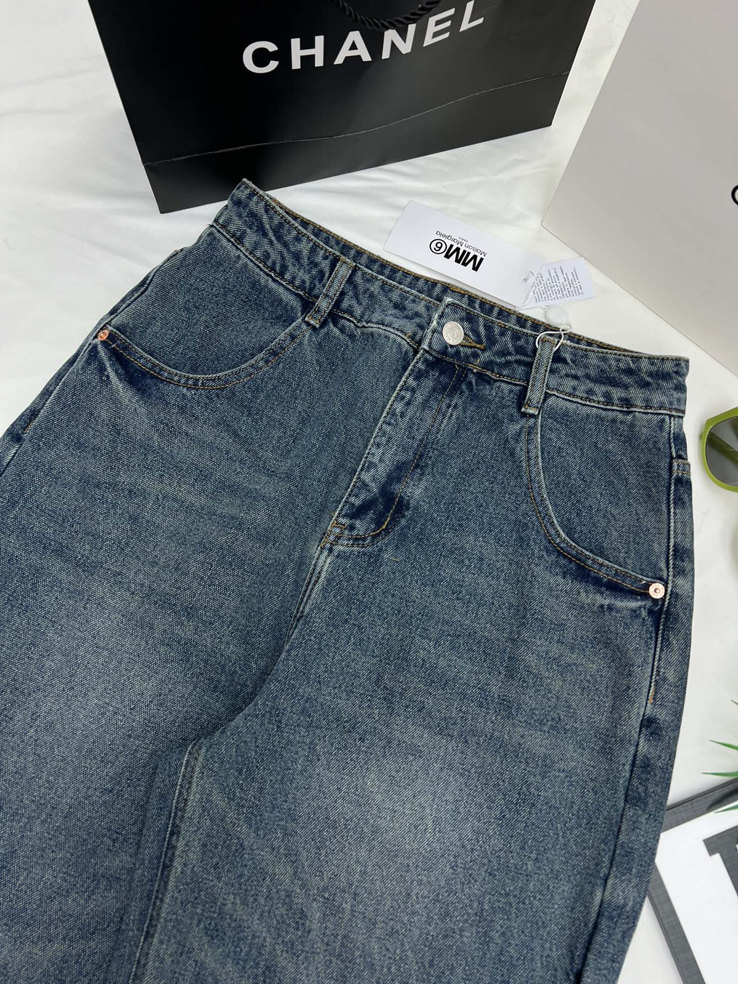 Mm6 retro trouser leg print letter high waist wide leg pants