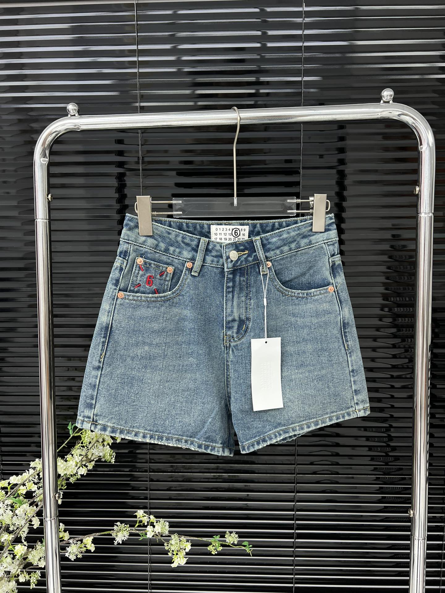 Margiela back pocket red embroidered number shorts