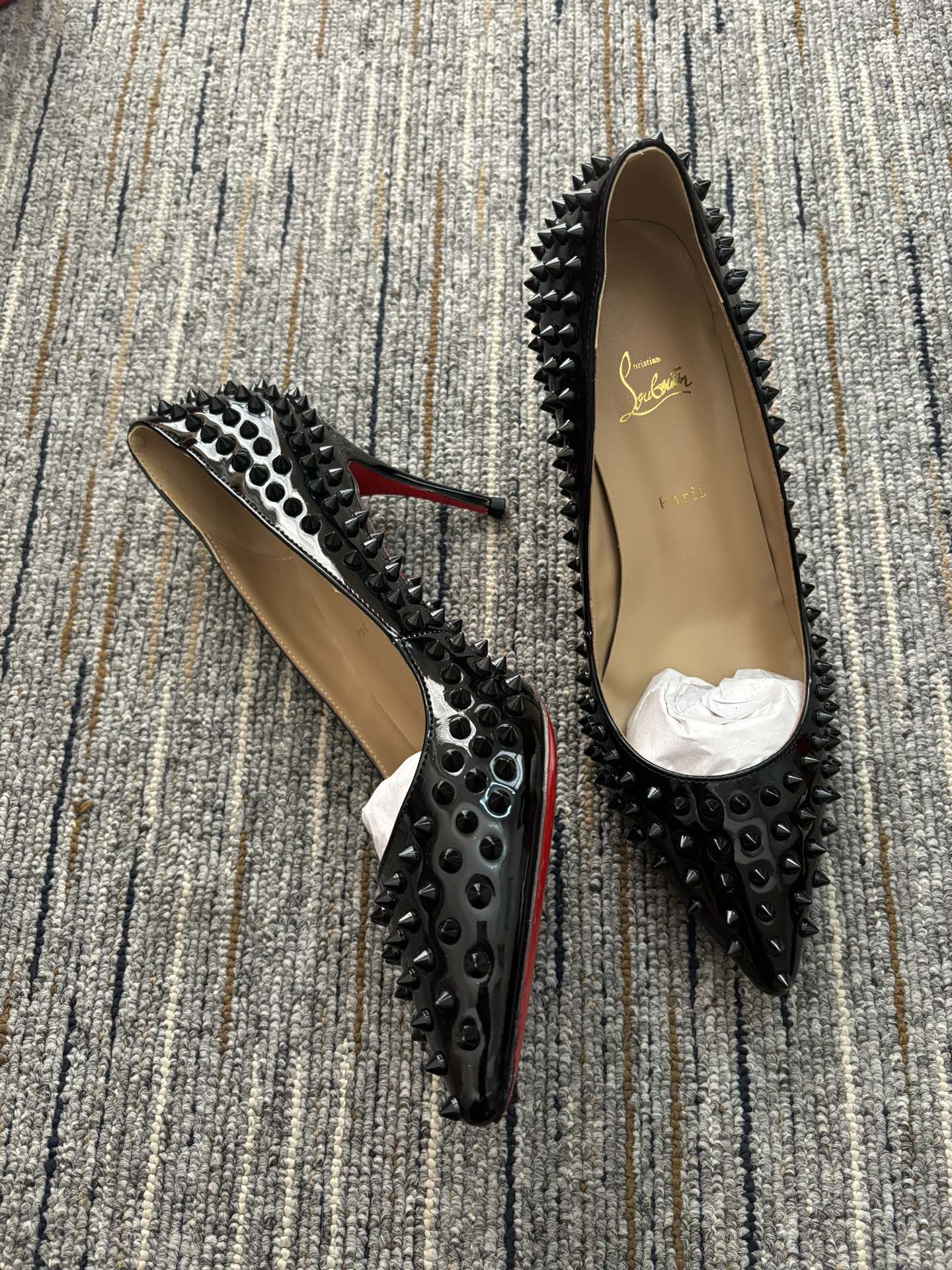 Christia** Loubout** black orange high heels