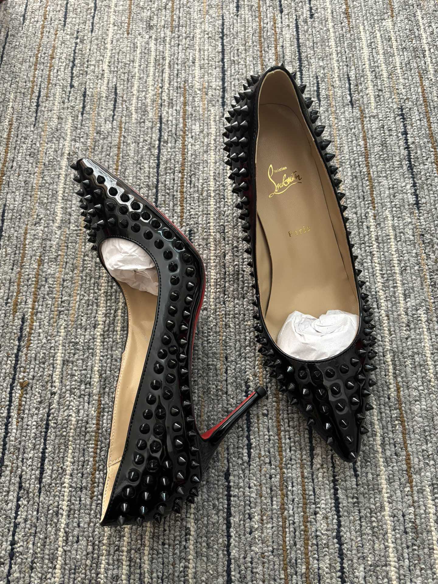 Christia** Loubout** black orange high heels