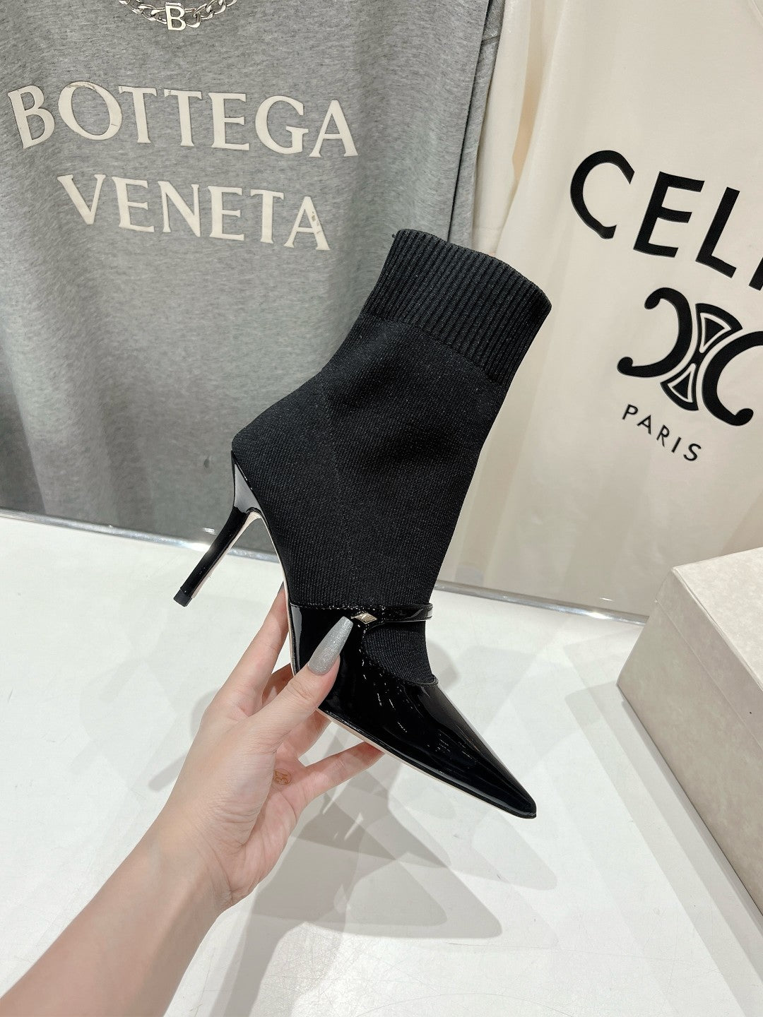 JIMMY CH** VIP1:1Early Autumn new simple pointed elastic high heel boots short boots