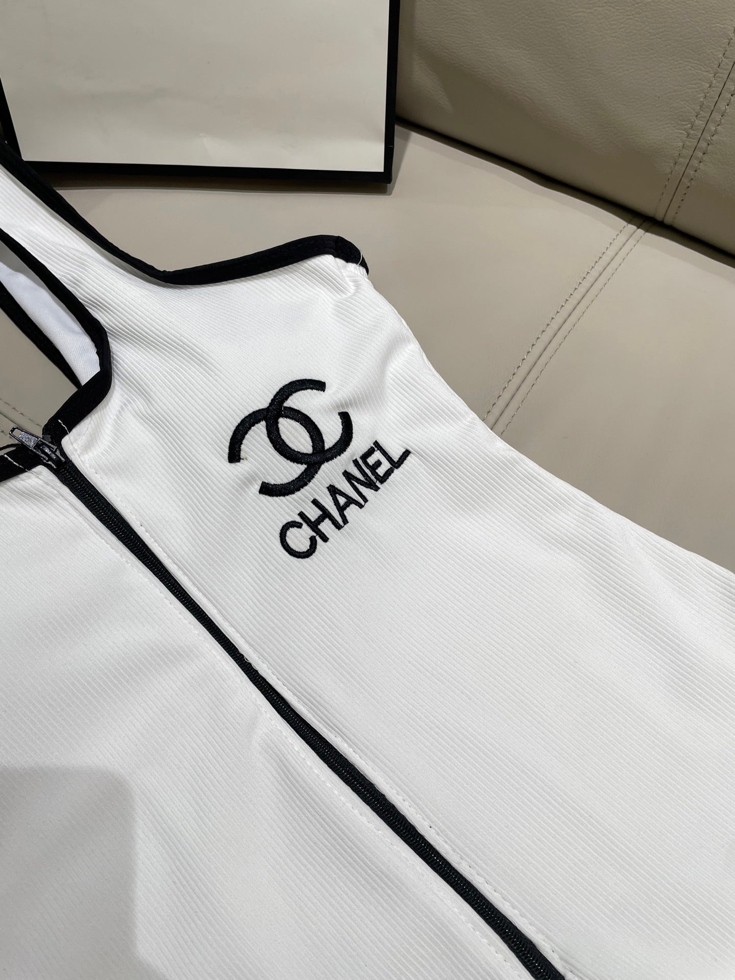 One-piece swimsuit with built-in bra pads.