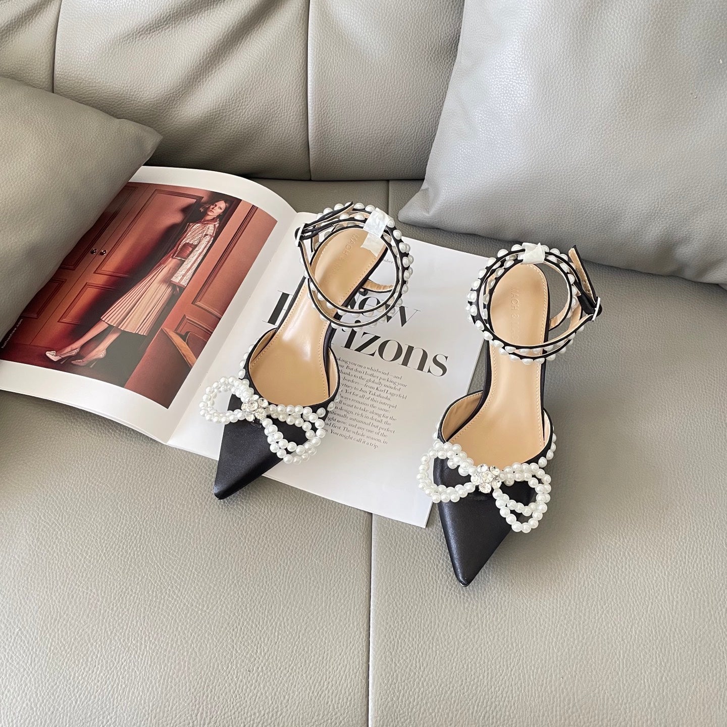 Rhinestone and pearl embellished bow high heels
