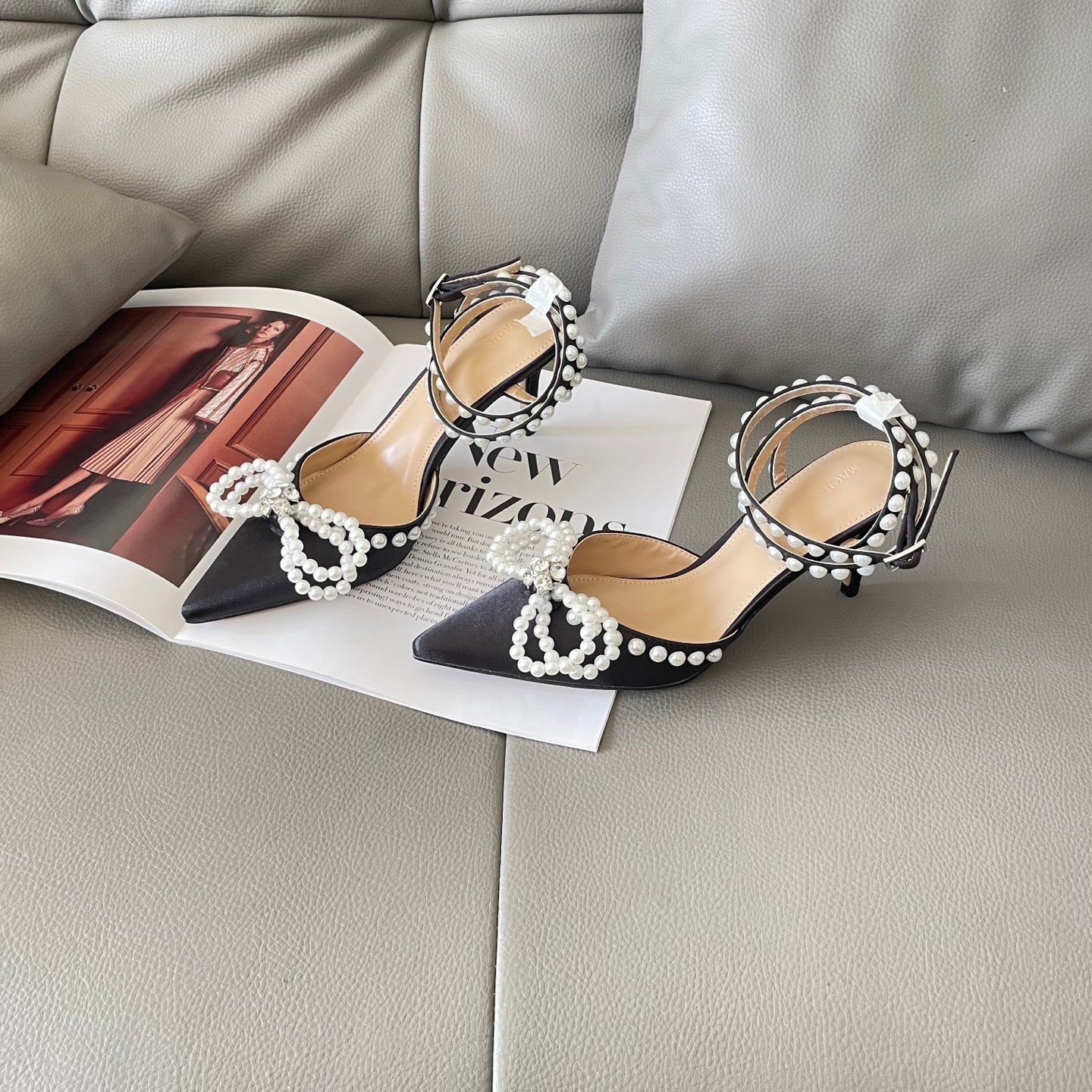 Rhinestone and pearl embellished bow high heels