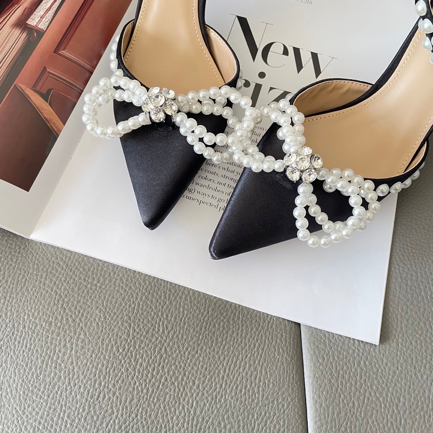 Rhinestone and pearl embellished bow high heels