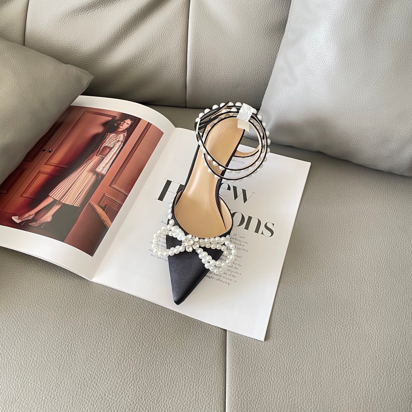 Rhinestone and pearl embellished bow high heels