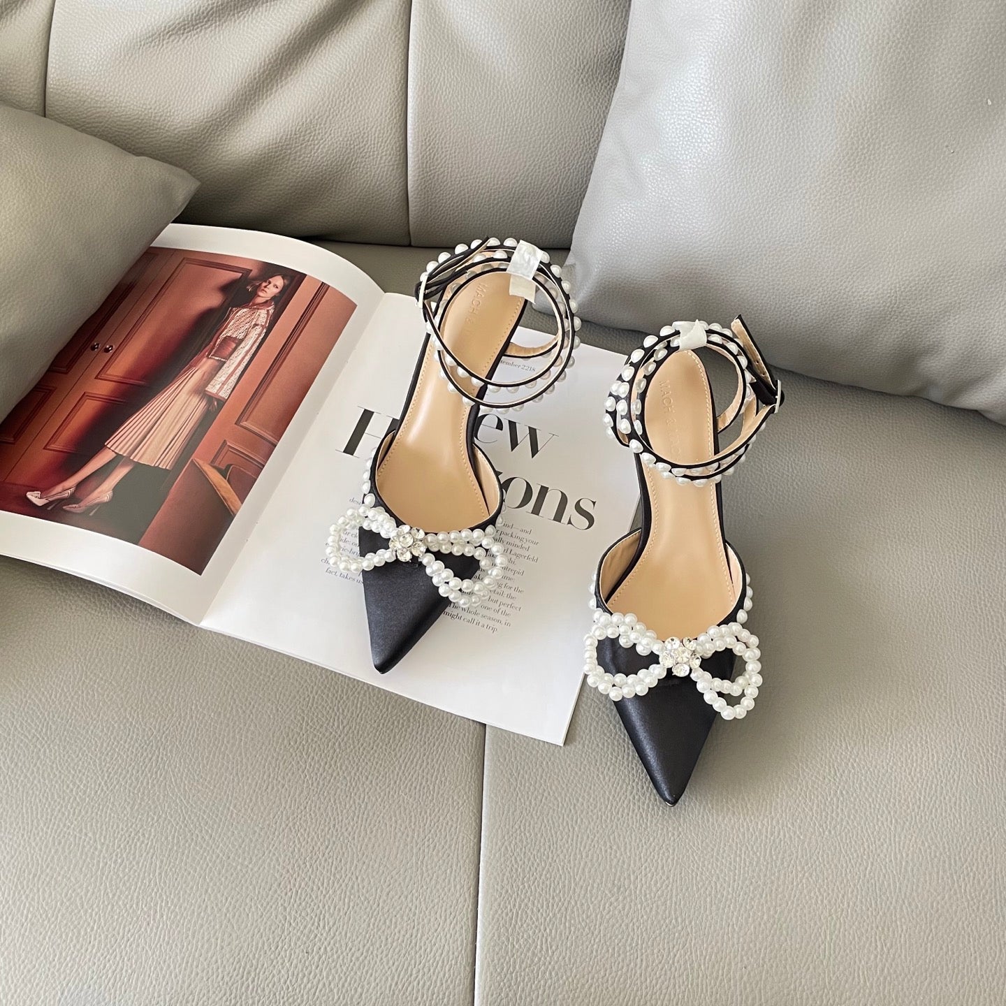 Rhinestone and pearl embellished bow high heels