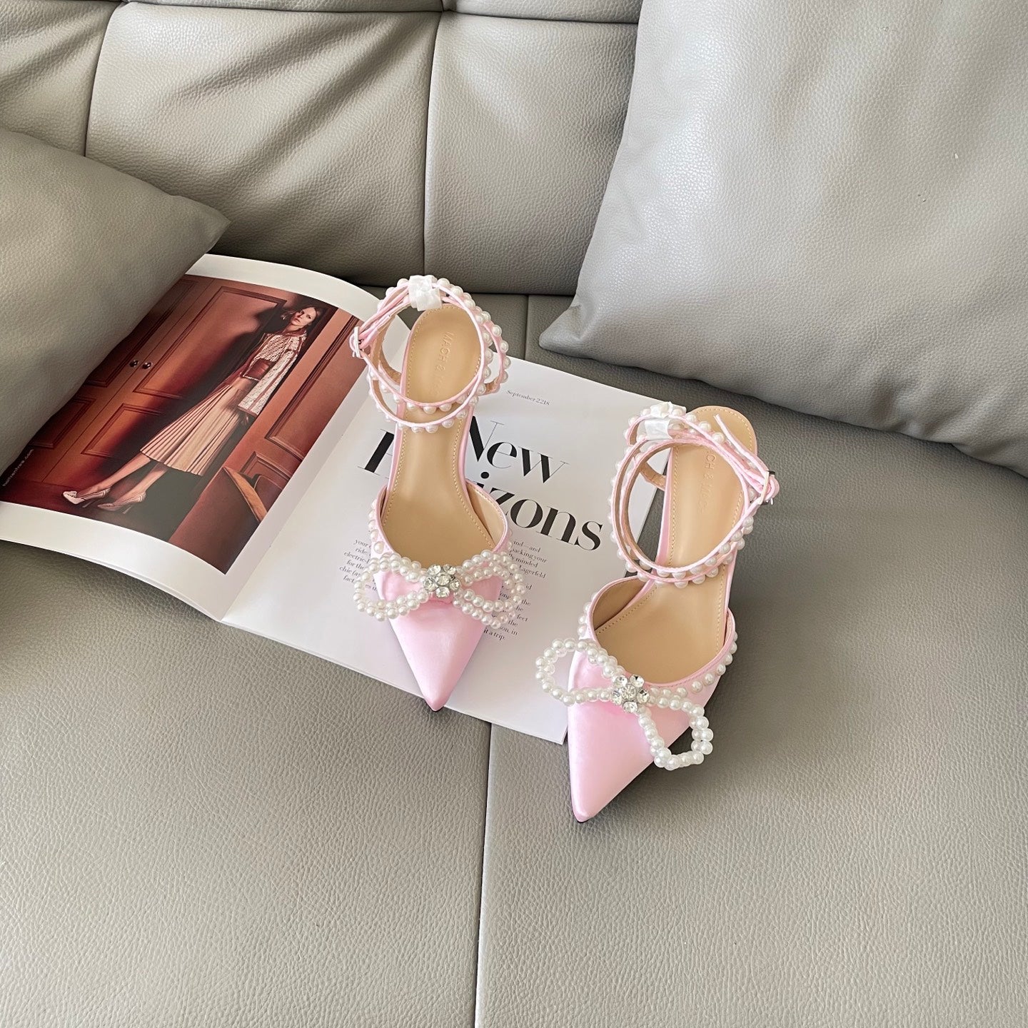 Rhinestone and pearl embellished bow high heels