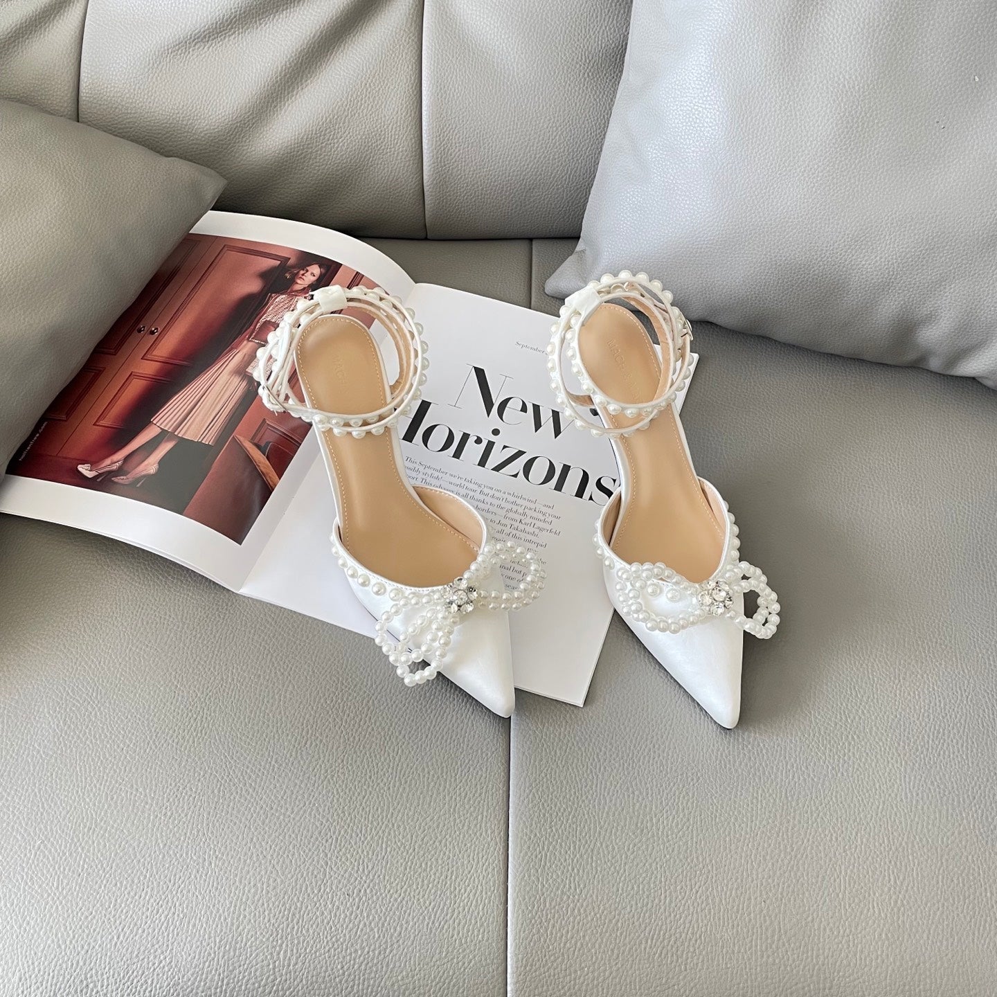 Rhinestone and pearl embellished bow high heels