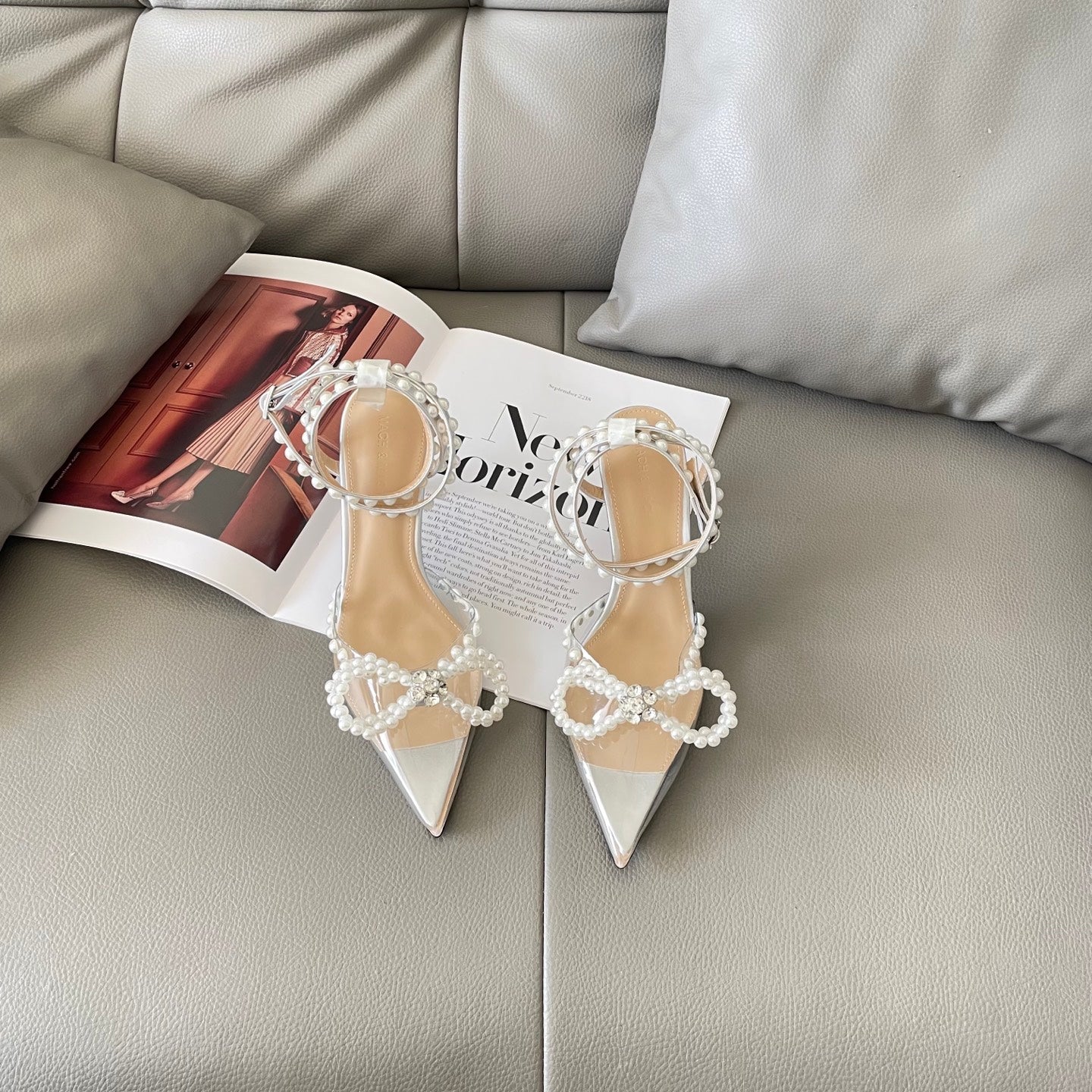 Rhinestone and pearl embellished bow high heels