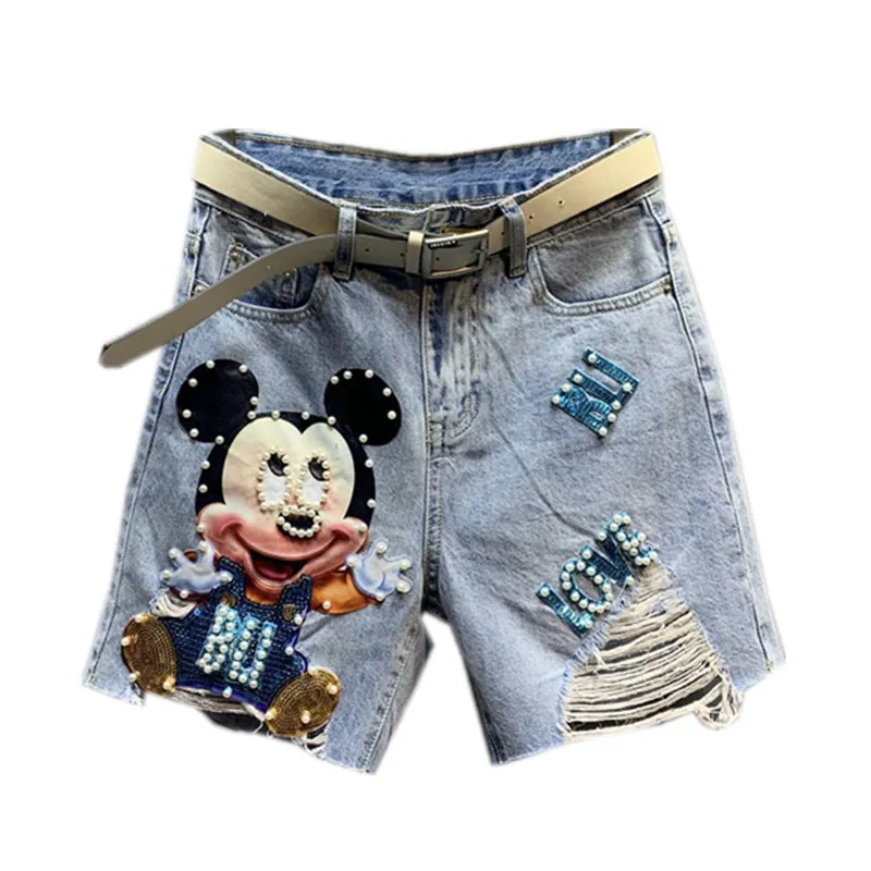 beaded hole denim shorts