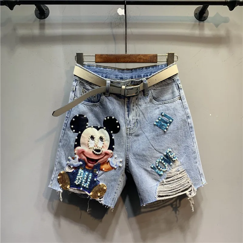 beaded hole denim shorts