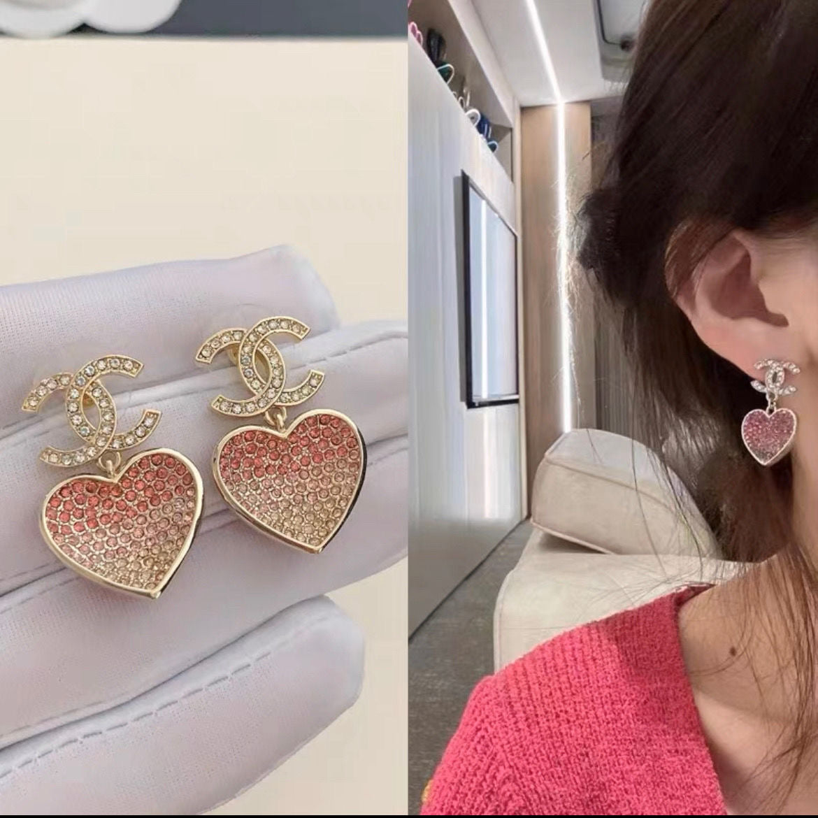 C  Heart Full Diamond Stud Earrings